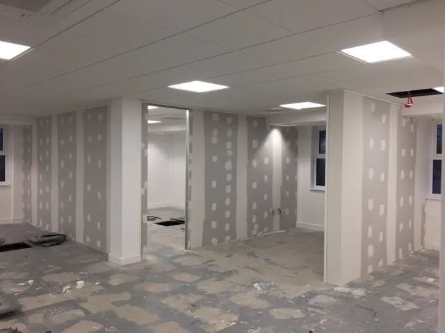 Office being boarded out with plasterboard partitions during a Poole fit-out