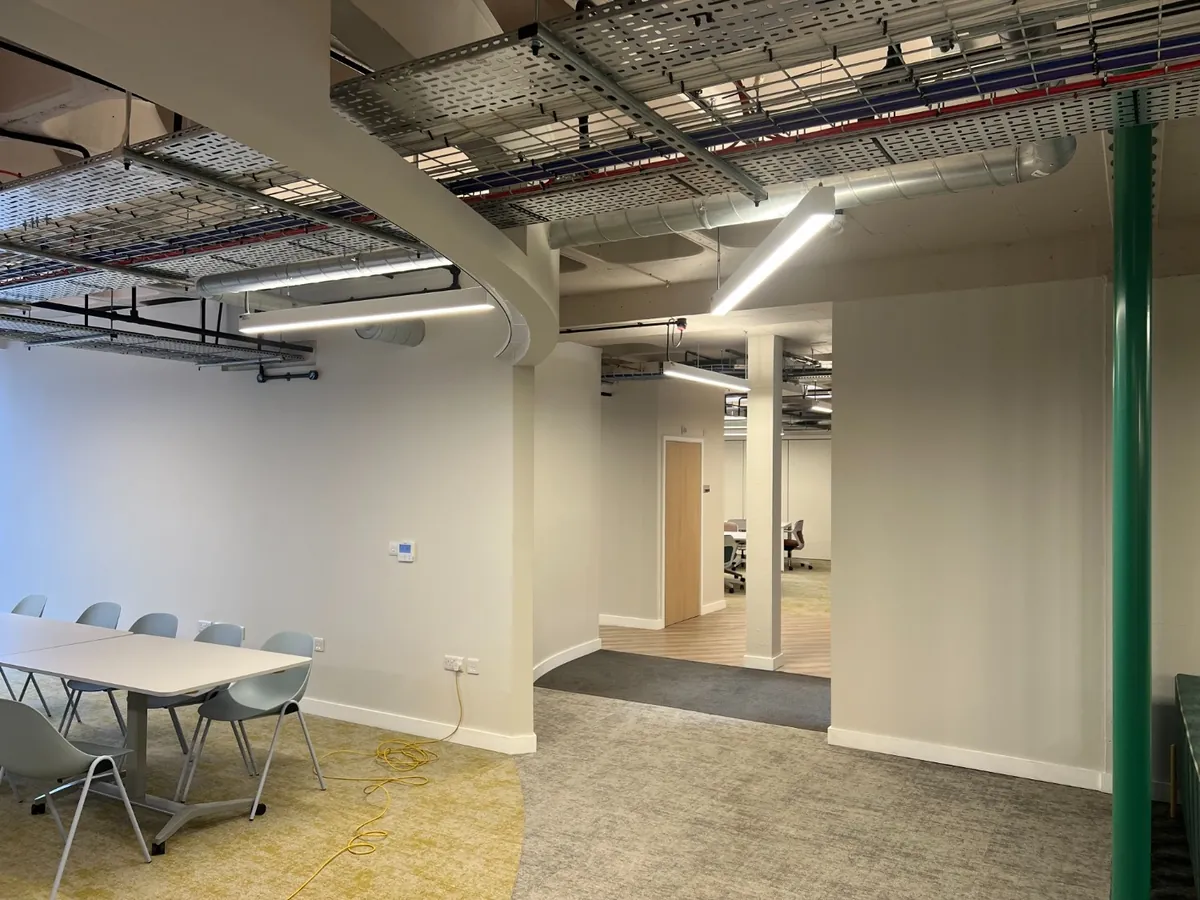 Completed meeting room with drylined walls and painted finish in Poole
